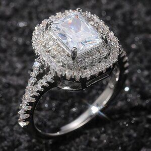 🔥DOUBLE LAYER 14K WHITE GOLD RADIANT CUT PURE CZ LUXURY WEDDING RING, K856